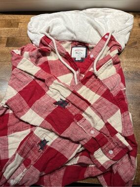 American Eagle Red & Cream Plaid Hooded Flannel